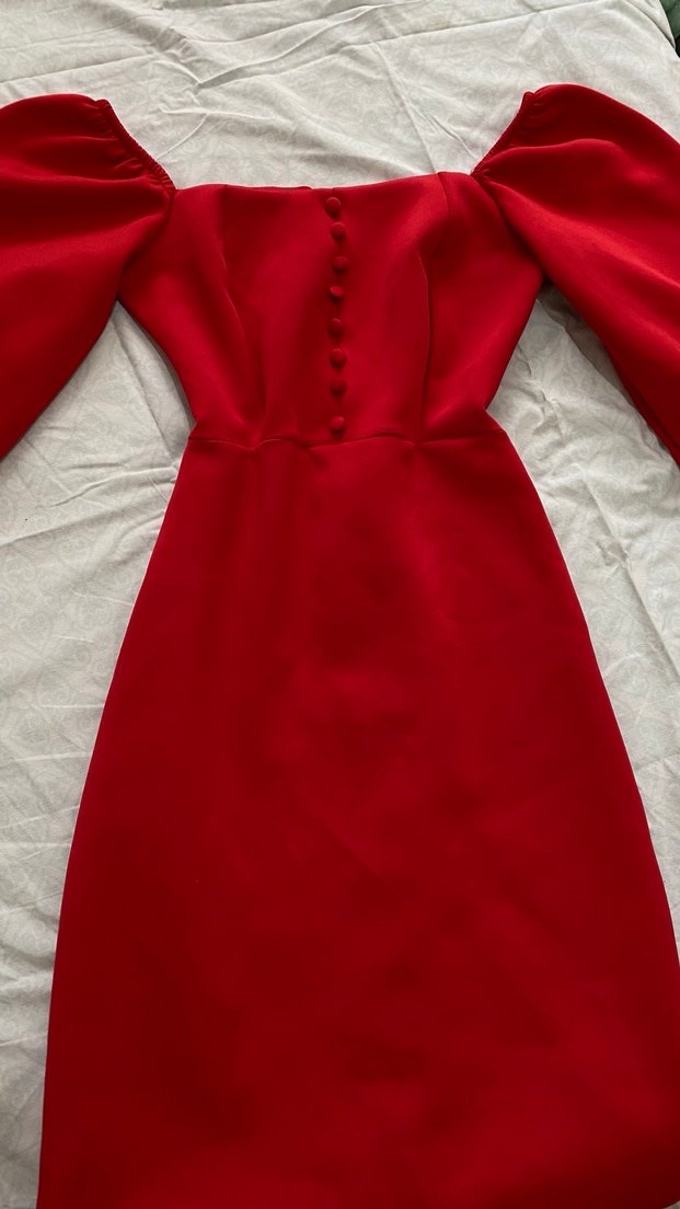 esnek kumaş midi boy kırmızı elbise - Görsel 3