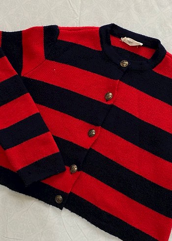 Kırmızı Lacivert Çizgili Örgü Kadın Hırka - Görsel 2