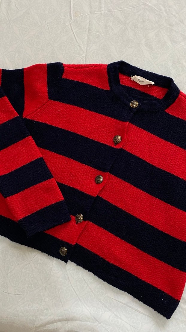 Kırmızı Lacivert Çizgili Örgü Kadın Hırka - Görsel 2