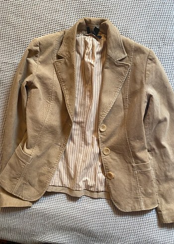 Bej Düğmeli Kadın Kadife Blazer Ceket