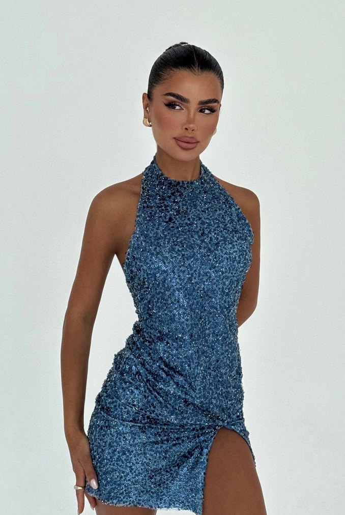 Parlak Mavi Pul İşlemeli Mini Abiye Elbise - Görsel 2