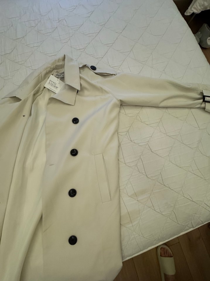 Bej Düğmeli Uzun Kadın Trençkot - Görsel 4