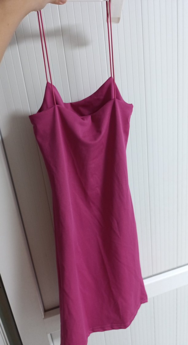 Pembe Mini Saten Drapeli elbise - Görsel 2