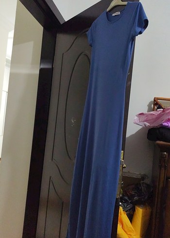 Mavi Saten Görünümlü düz elbise - Görsel 2