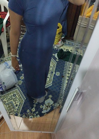 Mavi Saten Görünümlü düz elbise - Görsel 7