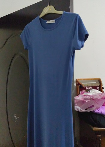 Mavi Saten Görünümlü düz elbise - Görsel 5