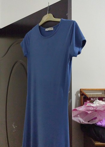 Mavi Saten Görünümlü düz elbise - Görsel 4