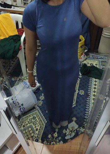 Mavi Saten Görünümlü düz elbise - Görsel 6