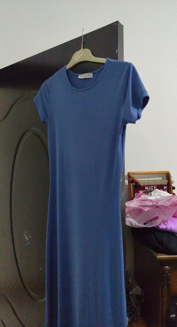 Mavi Saten Görünümlü düz elbise - Görsel 5