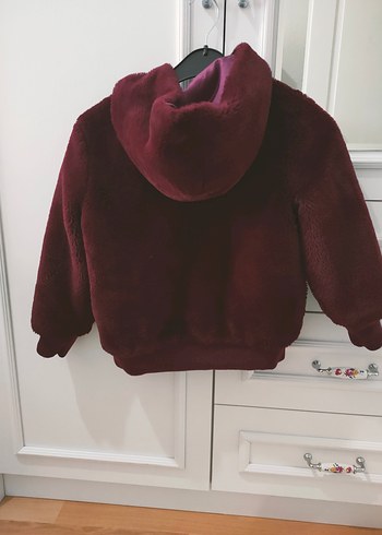 6 Yaş Beden bordo Renk Kız Çocuk Kapüşonlu Bordo Kürk Detaylı Mont