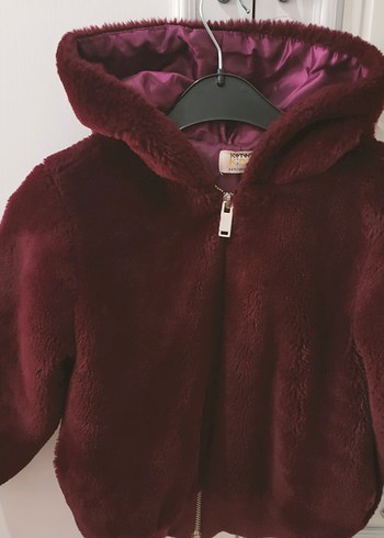 Kız Çocuk Kapüşonlu Bordo Kürk Detaylı Mont