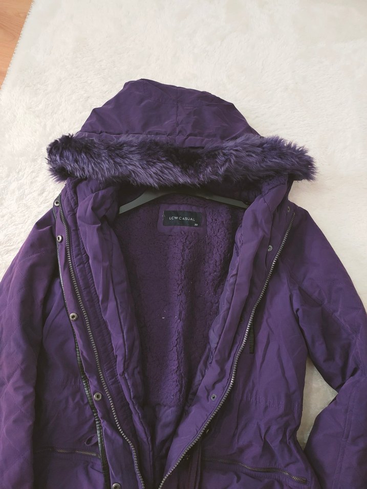 Kürklü Kapüşonlu Mor Kadın Kışlık Mont - Görsel 3