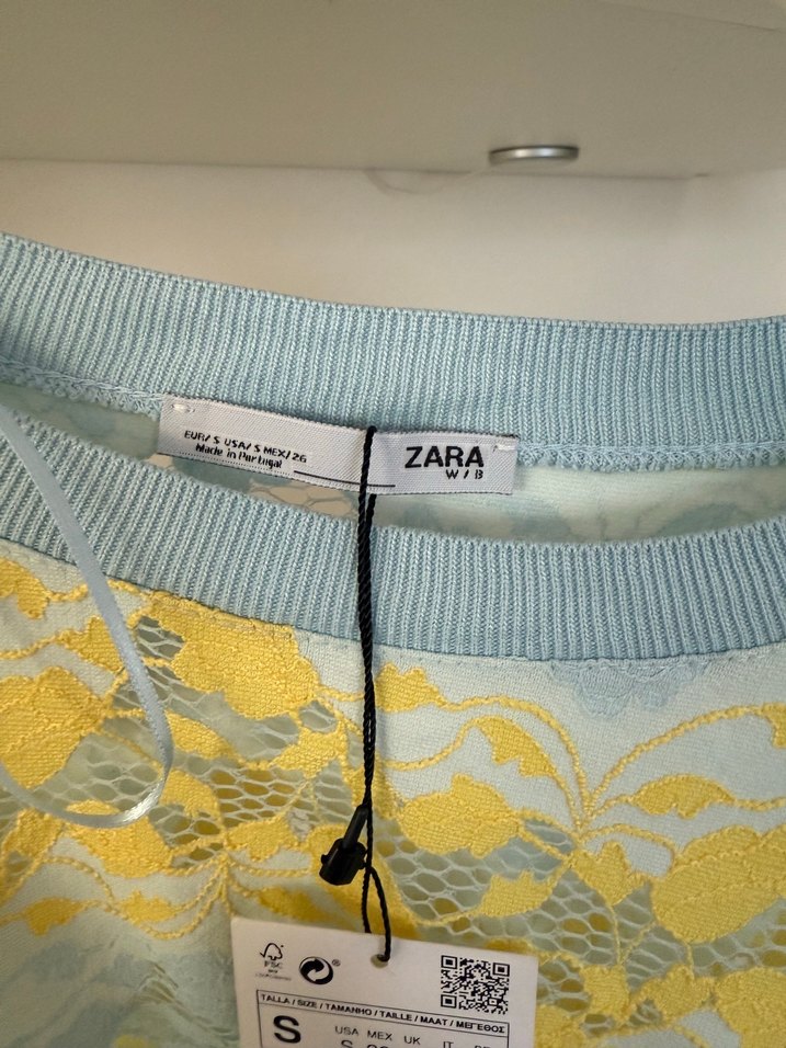 Zara Sarı Mavi Desenli Kısa Kollu Örme Bluz - Görsel 3