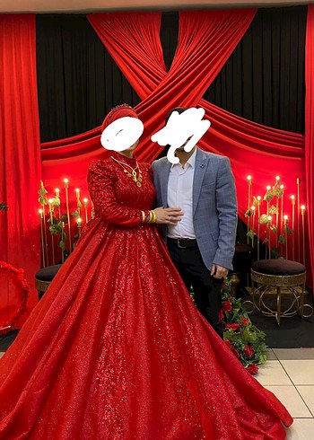 Henna Gelinlik Kadın Kırmızı Uzun Kollu Şal Detaylı Henna Elbise