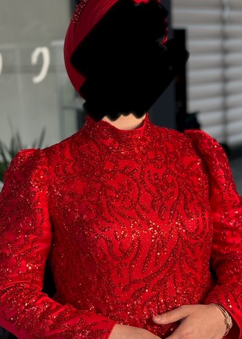Kadın Kırmızı Uzun Kollu Şal Detaylı Henna Elbise
