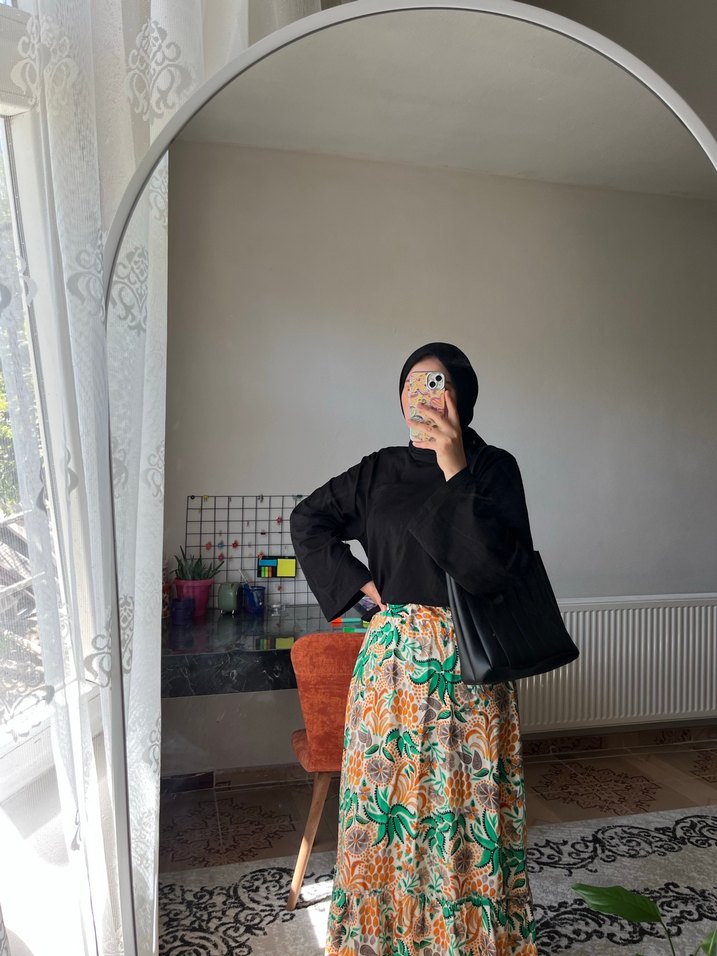 Drapeli Bağcıklı Midi Bohem Etek - Görsel 2