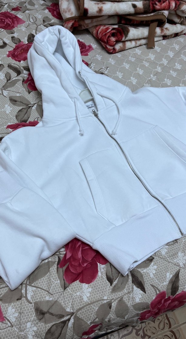 Kadın Beyaz Fermuarlı Kapüşonlu Sweatshirt - Görsel 2