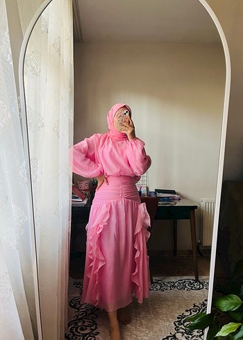 Pembe Uzun Drapeli Kadın Elbise - Görsel 3