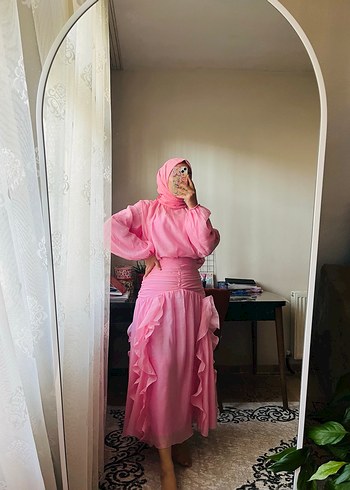 Pembe Uzun Drapeli Kadın Elbise - Görsel 2