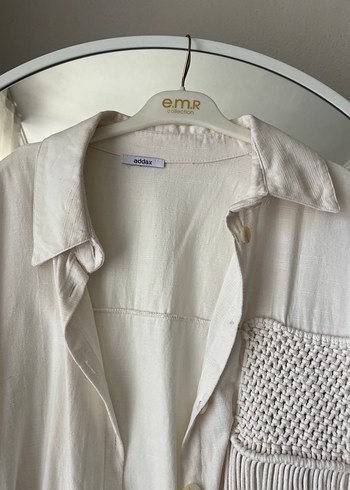 Düğmeli Beyaz Bohem Nakışlı Keten gömlek - Görsel 4