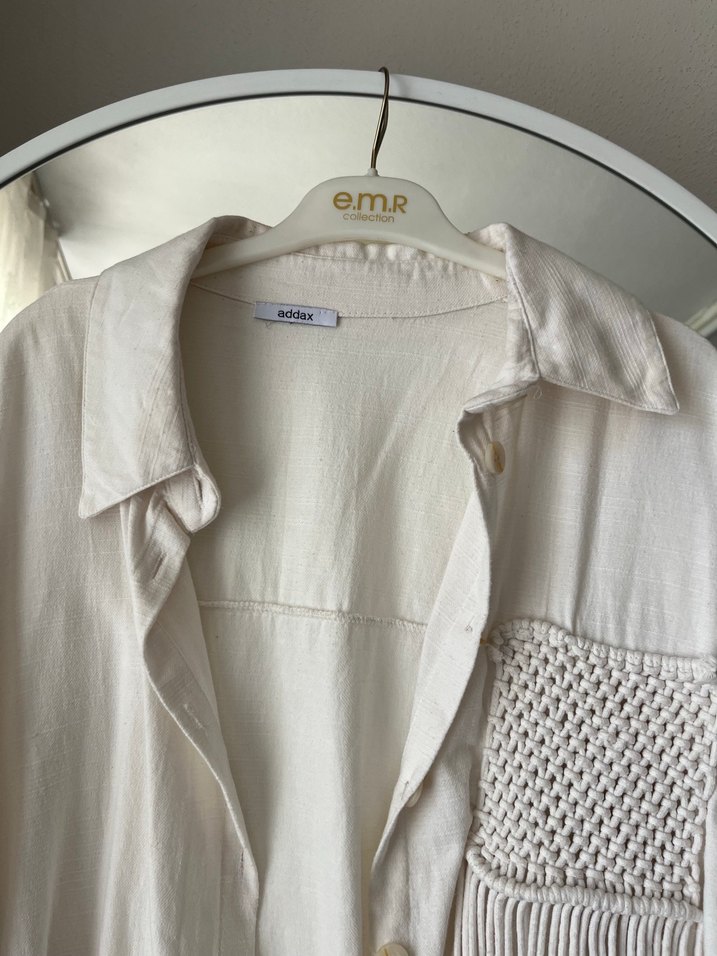 Düğmeli Beyaz Bohem Nakışlı Keten gömlek - Görsel 4