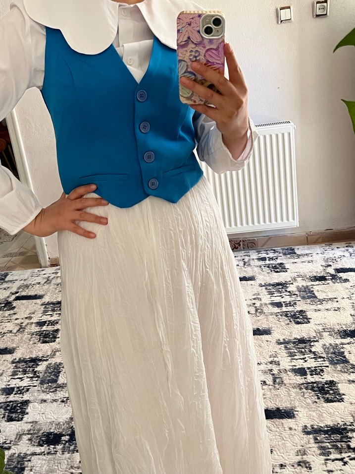 Düğmeli Mavi Midi Yelek - Görsel 3
