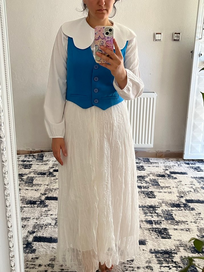 Düğmeli Mavi Midi Yelek - Görsel 2