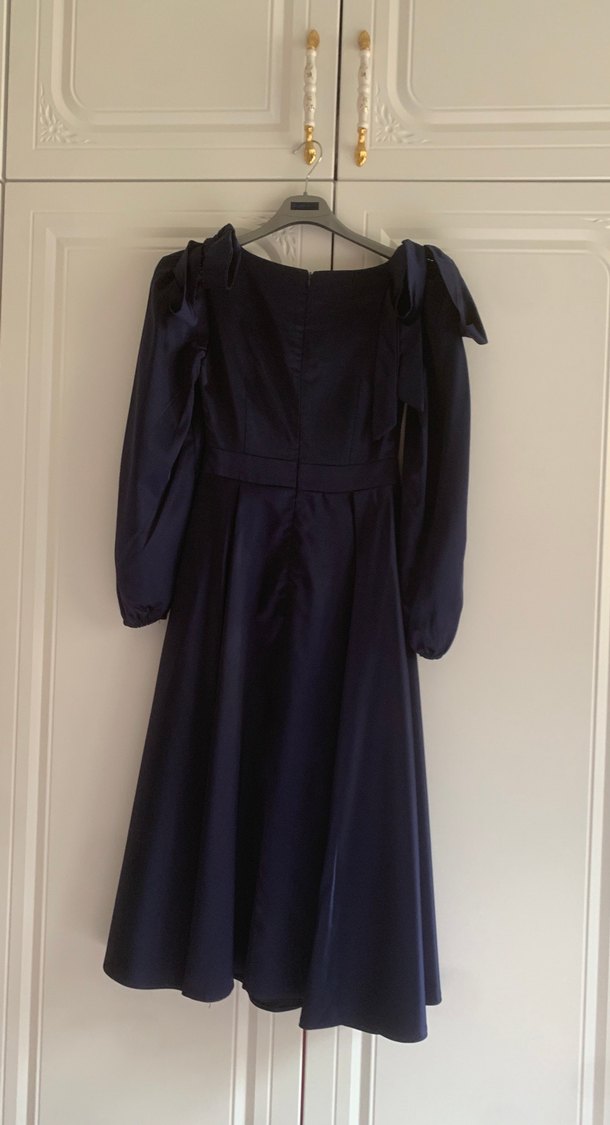 Lacivert Uzun Kollu Drapeli Kadın Elbise - Görsel 2