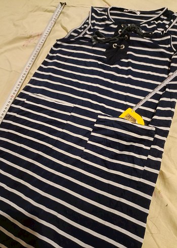 FONDA Çizgili Lacivert Streçli Kadın uzun Tişört - Görsel 5