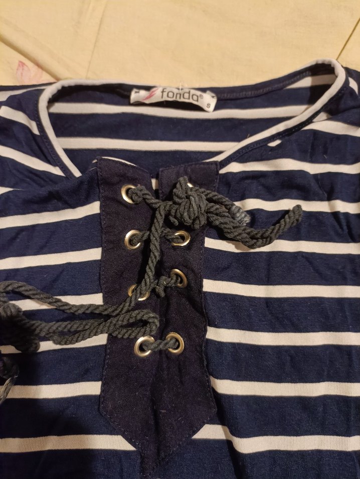 FONDA Çizgili Lacivert Streçli Kadın uzun Tişört - Görsel 2