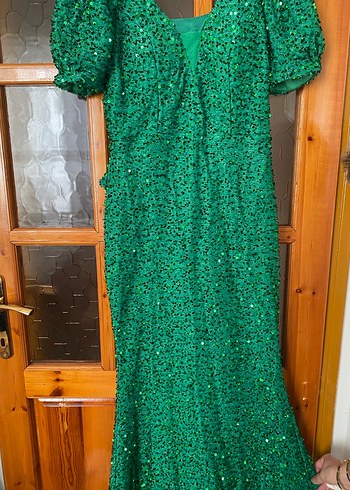 Yeşil Parlak pullu Uzun Elbise - Görsel 3