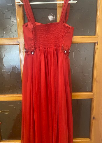 Kırmızı Uzun Drapeli Abiye Elbise - Görsel 6