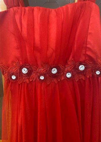 Kırmızı Uzun Drapeli Abiye Elbise - Görsel 3