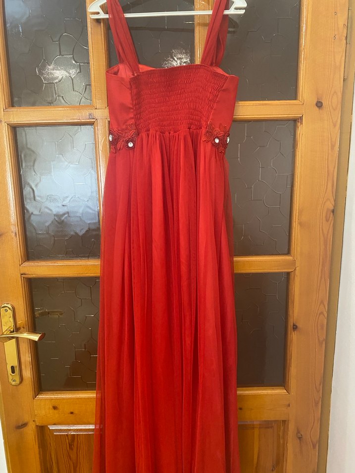 Kırmızı Uzun Drapeli Abiye Elbise - Görsel 4