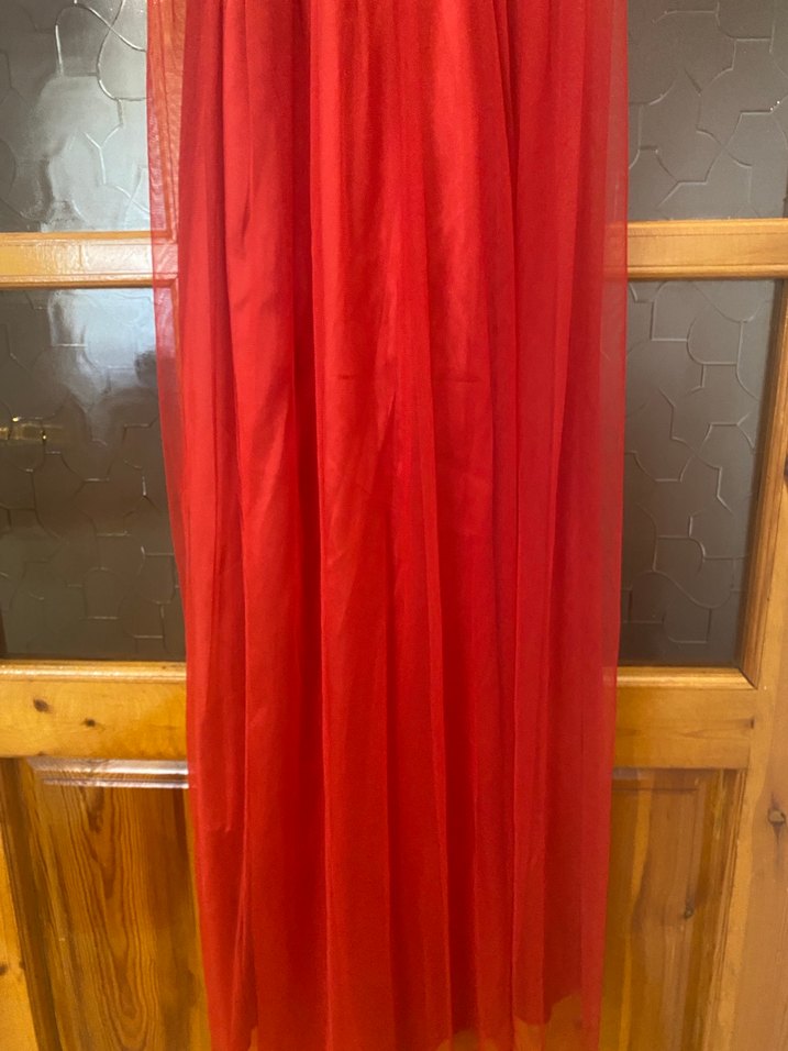 Kırmızı Uzun Drapeli Abiye Elbise - Görsel 5