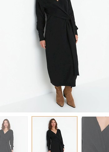 Siyah V Yaka Örgü Yün Midi Elbise - Görsel 3