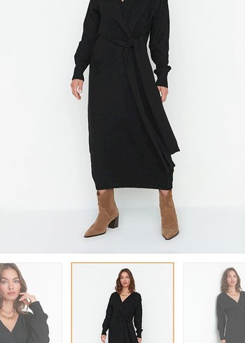 Siyah V Yaka Örgü Yün Midi Elbise - Görsel 2