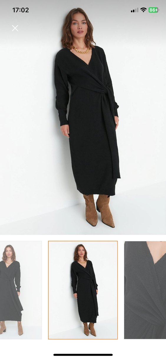 Siyah V Yaka Örgü Yün Midi Elbise - Görsel 3