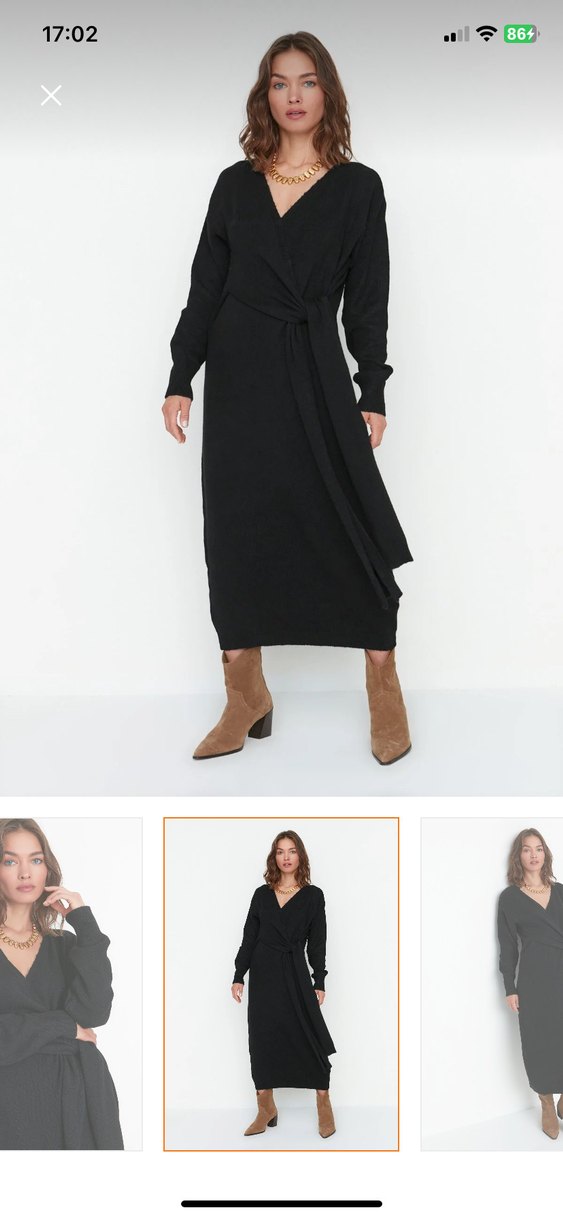 Siyah V Yaka Örgü Yün Midi Elbise - Görsel 2