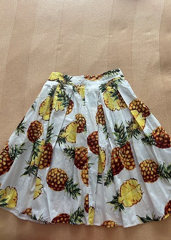 Sarı Ananas Desenli Pileli Midi Etek