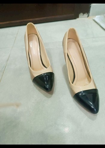 Bej Siyah Topuklu Stiletto Kadın Ayakkabı - Görsel 5