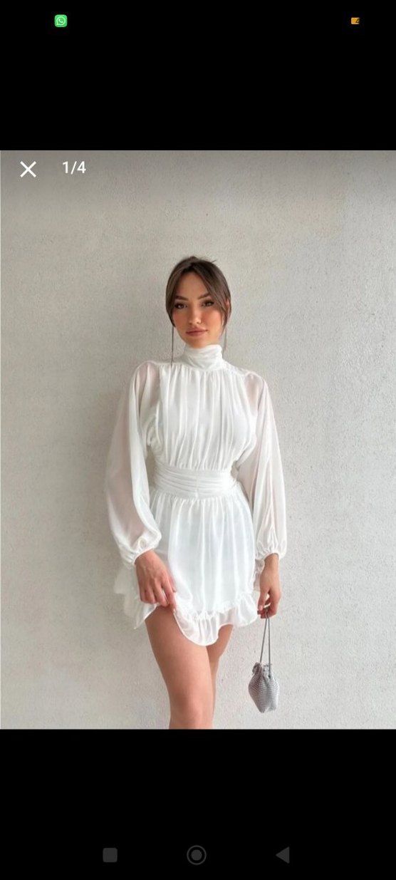 Beyaz Mini Elbise, Yüksek Yakalı, Fırfırlı - Görsel 2