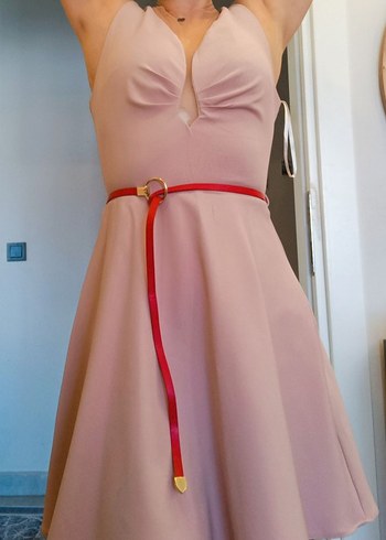 Pudra Pembe V Yakalı Midi Elbise - Görsel 7