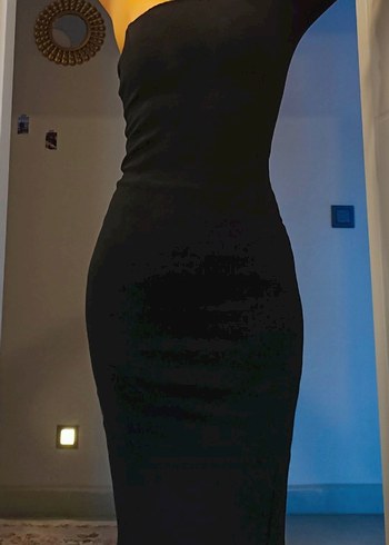 Siyah Drapeli V Yaka Midi Kalem Elbise - Görsel 2