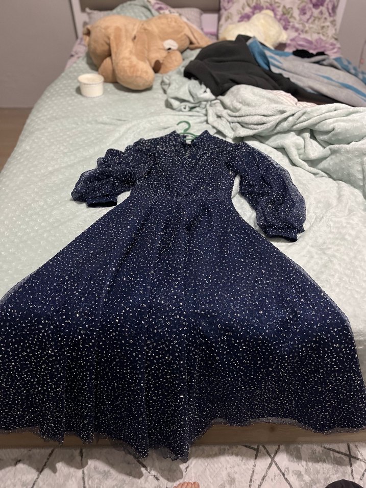 Parlak Mavi Uzun Kollu Kadın Abiye Elbise - Görsel 2