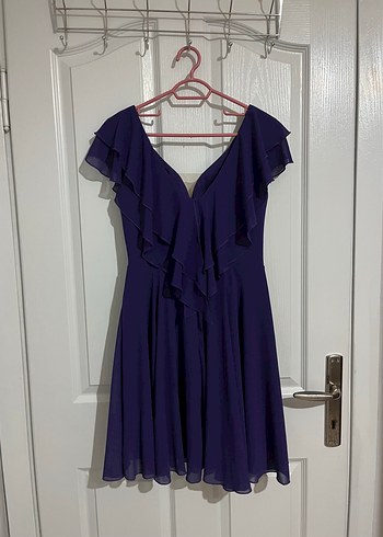 Mor V Yaka Fırfırlı Midi Elbise - Görsel 2