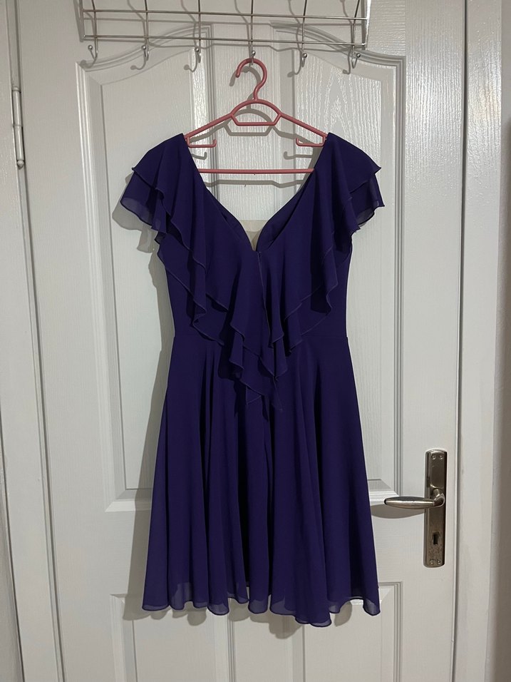 Mor V Yaka Fırfırlı Midi Elbise - Görsel 2