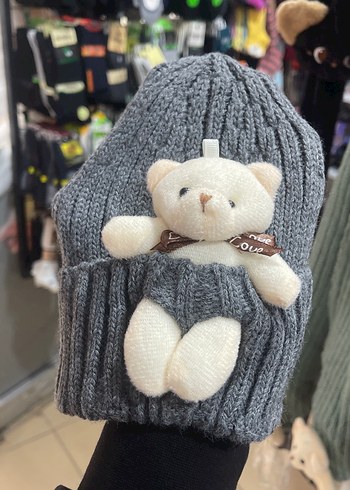 Gri Örgü Çocuk Bere ve Eşarp Seti Ayıcık Detaylı - Görsel 3