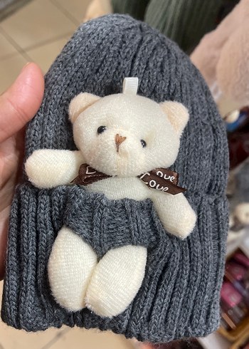 Gri Örgü Çocuk Bere ve Eşarp Seti Ayıcık Detaylı - Görsel 2