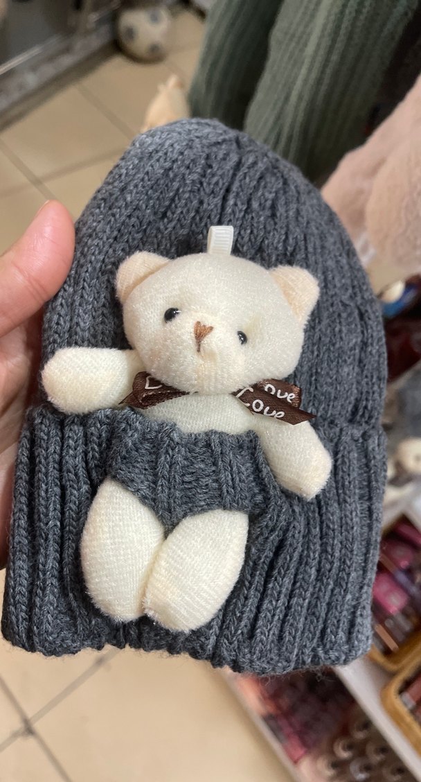 Gri Örgü Çocuk Bere ve Eşarp Seti Ayıcık Detaylı - Görsel 2